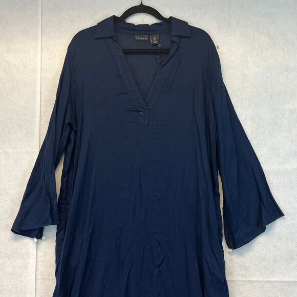 NWT TAHARI Linen Dress Sz Large Navy Blue 2-Way Wear Midi Long Sleeve Collared - Picture 1 of 12